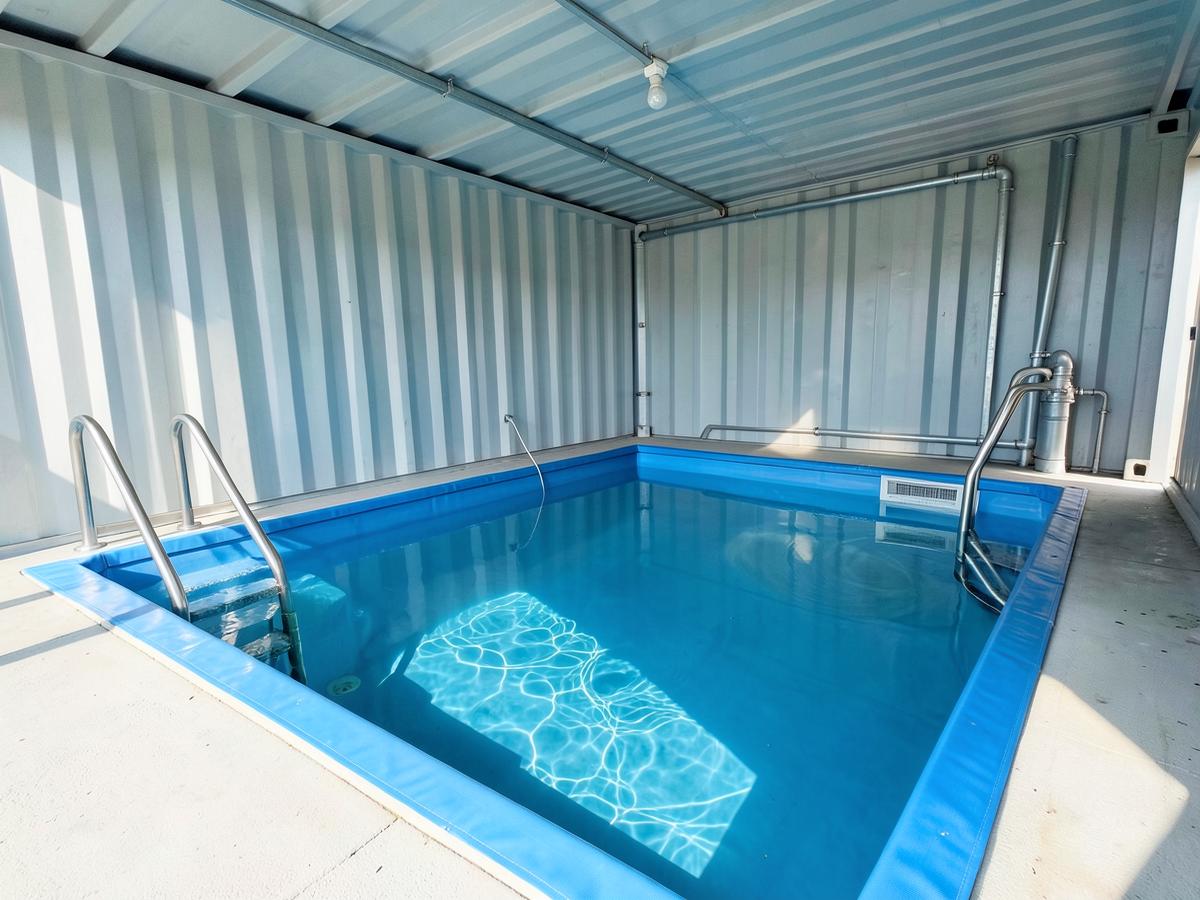 Interior of a 30ft container pool with steps and filtration