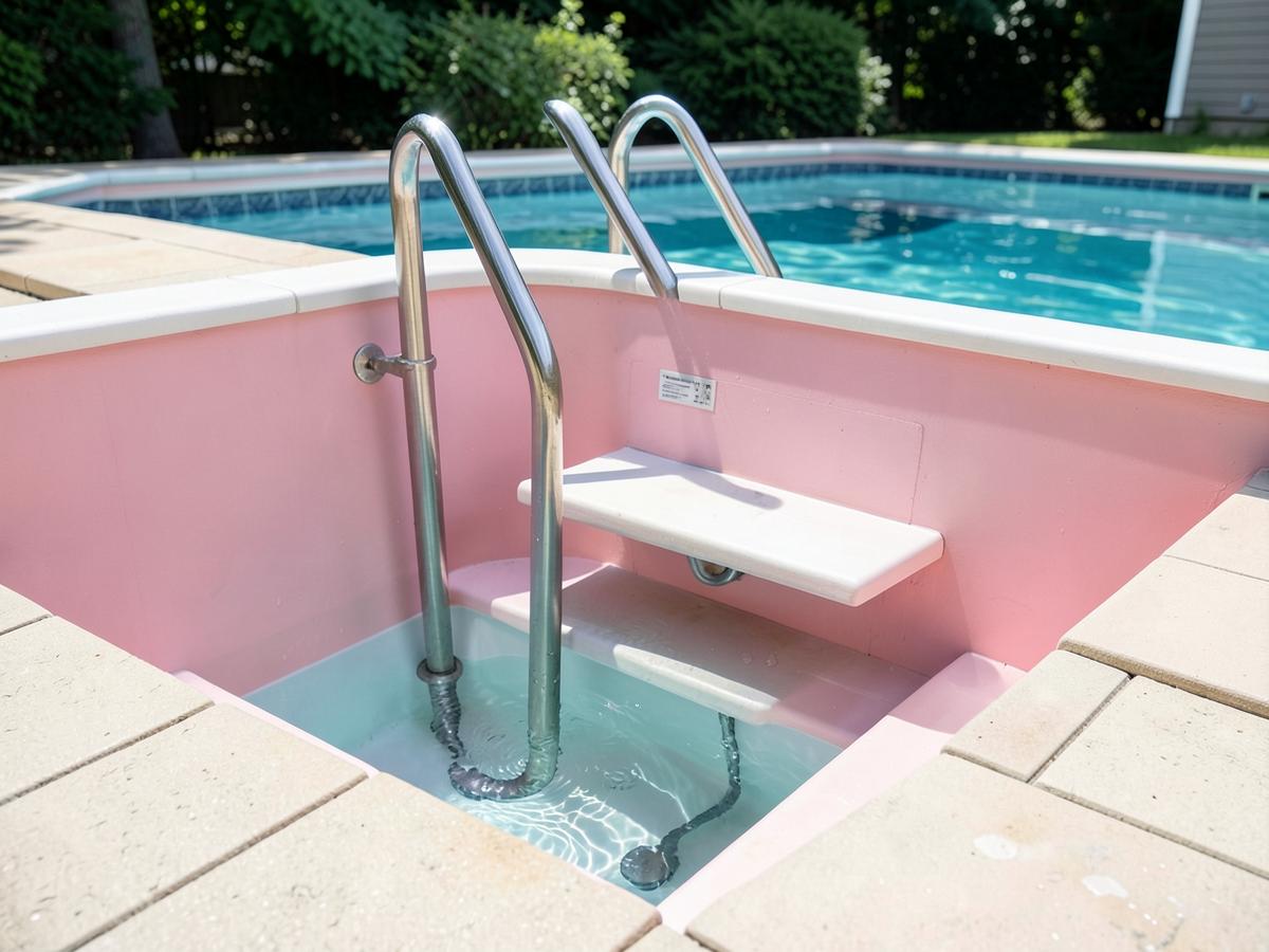 Pink container pool steps and stainless ladder