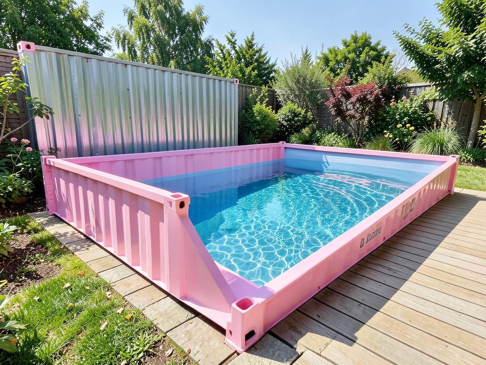 Pink 20ft container pool in a garden with decking