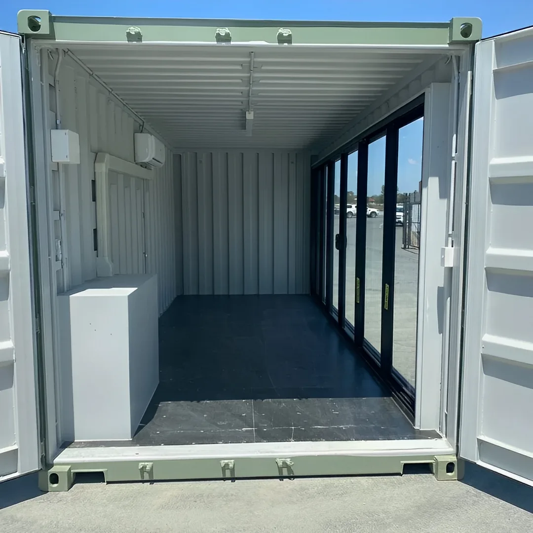 Modified 20ft container office with glass sliding door and air conditioning