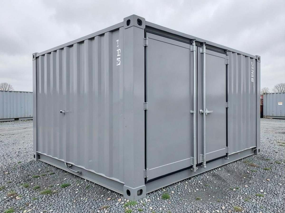 Grey 20ft standard shipping container on a gravel yard