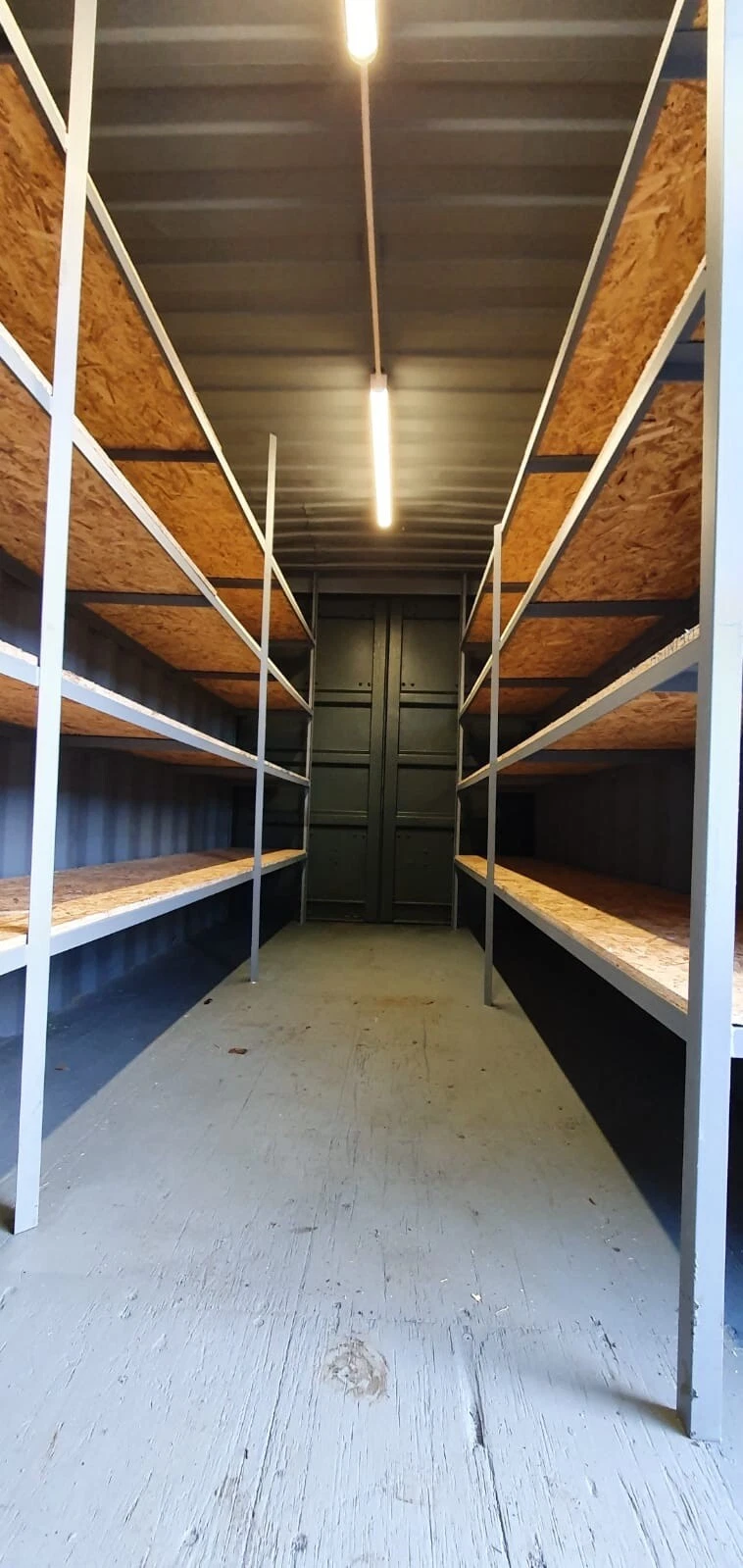 20ft high cube shipping container with shelving and LED lighting installed